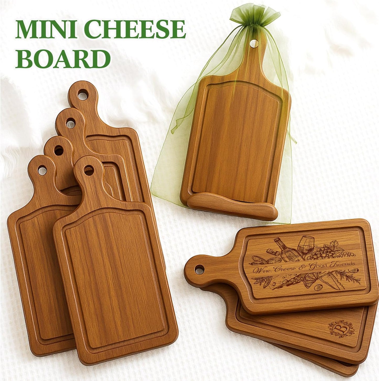 Nuenen 50 Pcs Mini Wooden Charcuterie Board Bulk, Small Wood Cutting Board for Crafts Laser Engraving with Knives Organza Bags Wedding Baby Shower Favors Gift (Square,Bamboo Color)