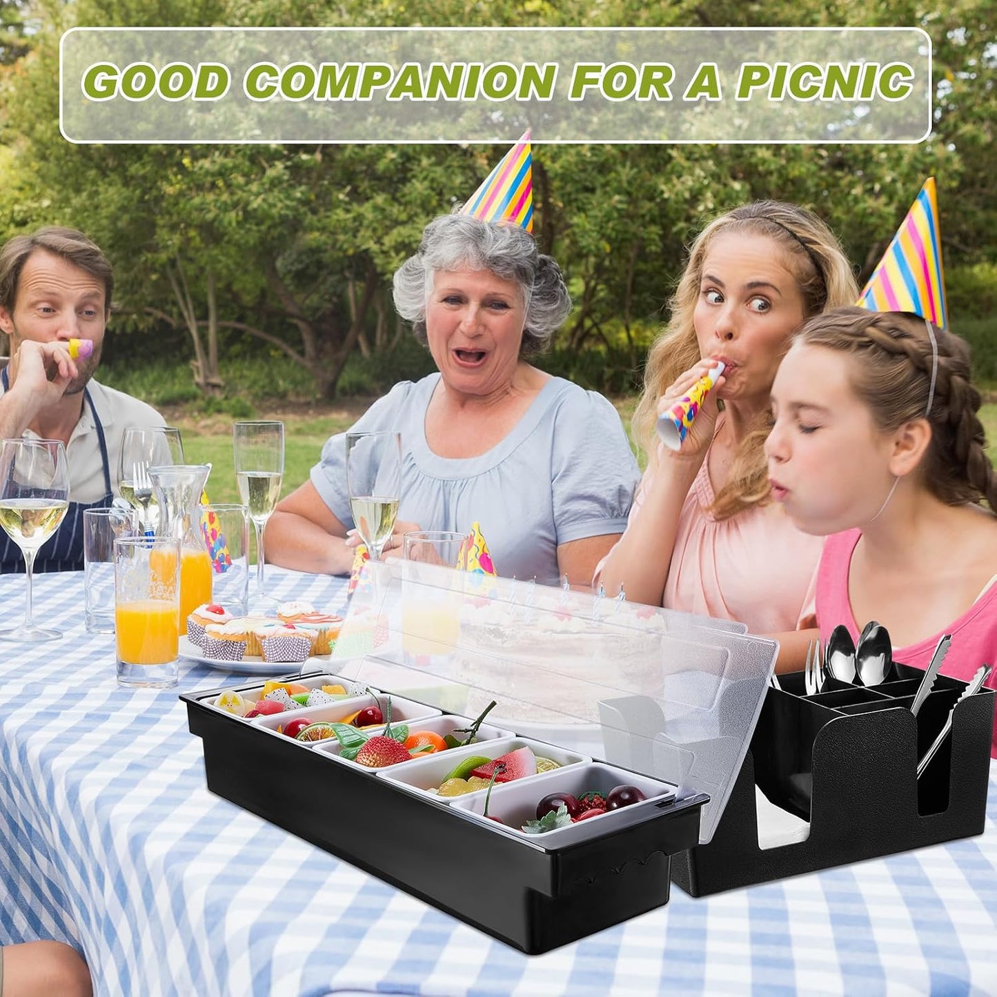 Tessco for you Garnish Tray with Lid Bar Caddy Ice Cooled Condiment Serving Container with Ice Scoop Metal Mini Serving Tongs Fruit Fork Spoons for Food Home Party Kitchen(Plastic,6 Grids)