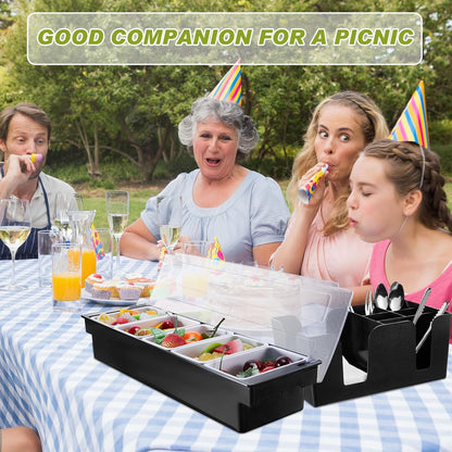 Tessco for you Garnish Tray with Lid Bar Caddy Ice Cooled Condiment Serving Container with Ice Scoop Metal Mini Serving Tongs Fruit Fork Spoons for Food Home Party Kitchen(Plastic,6 Grids)