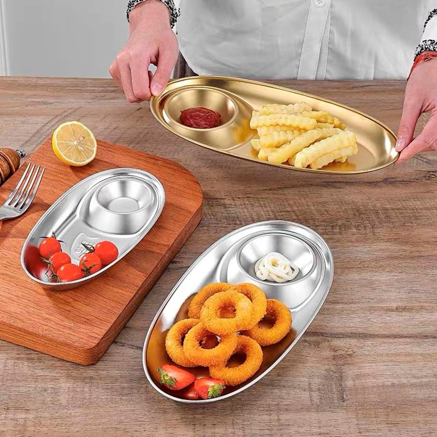 Hapivida 2Pcs Small Chip and Dip Bowl, Divided Platter Tray Serving Dish Dumpling Plate Reusable Divided Snack Serving Dishe