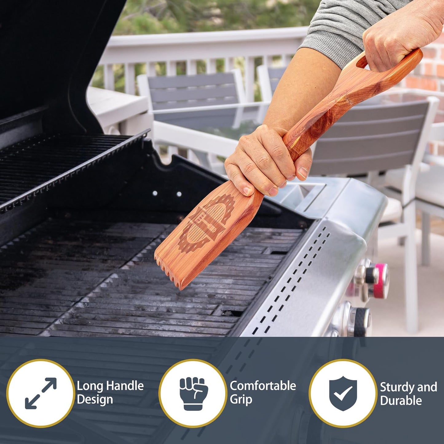 Premium Cedar Grill Scraper - Wooden BBQ Grill Cleaner, Metal Bristle-Free, Ergonomic Handle, Natural Cedar Aroma, Fits Traeger Grills - Safe & Durable Barbecue Accessory