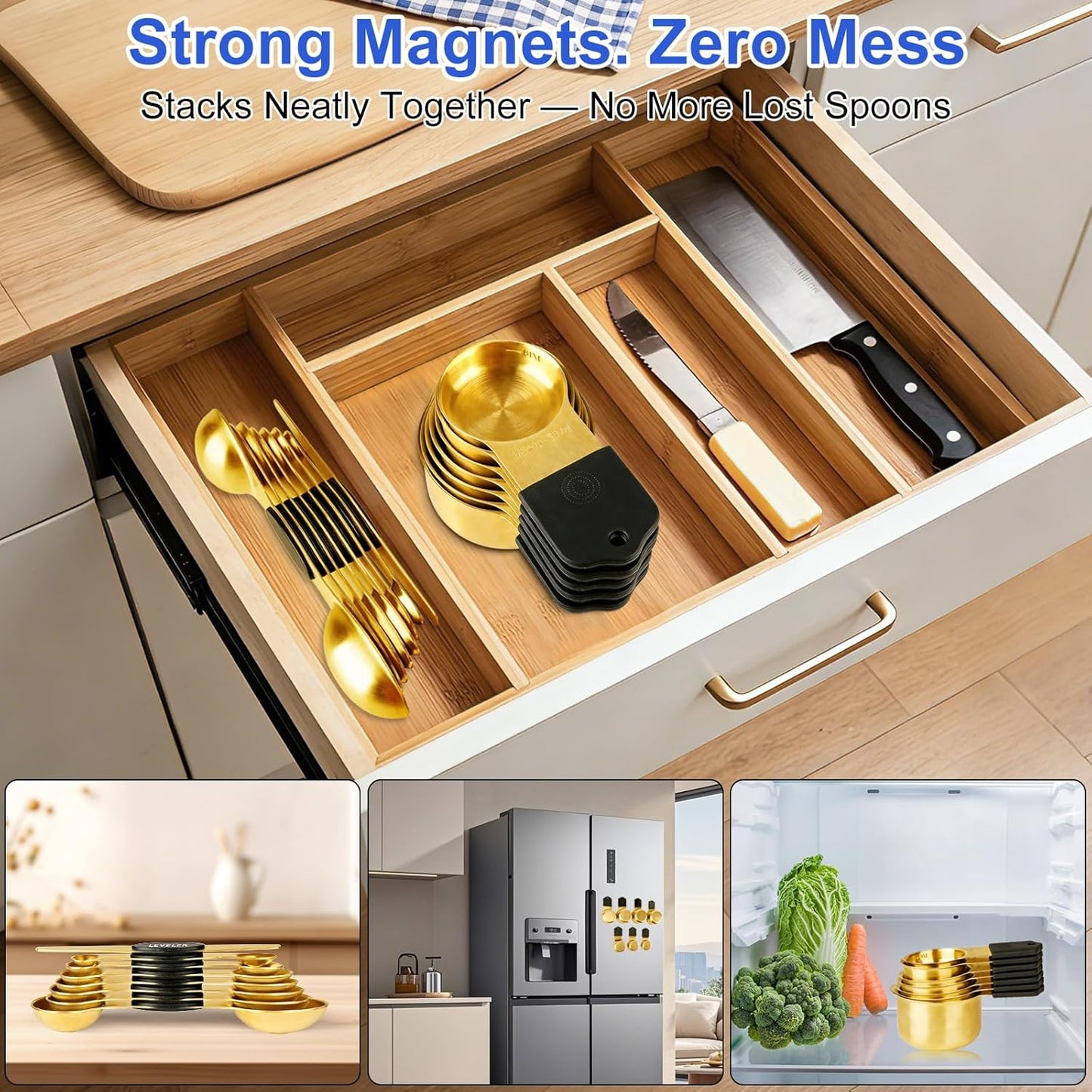 Magnetic Measuring Cups and Spoons Set, Strong N52 Magnets, Heavy Duty 304 Stainless Steel Fits in Spice Jars for Baking & Cooking, BPA Free, Round Set of 15 with Leveler Black