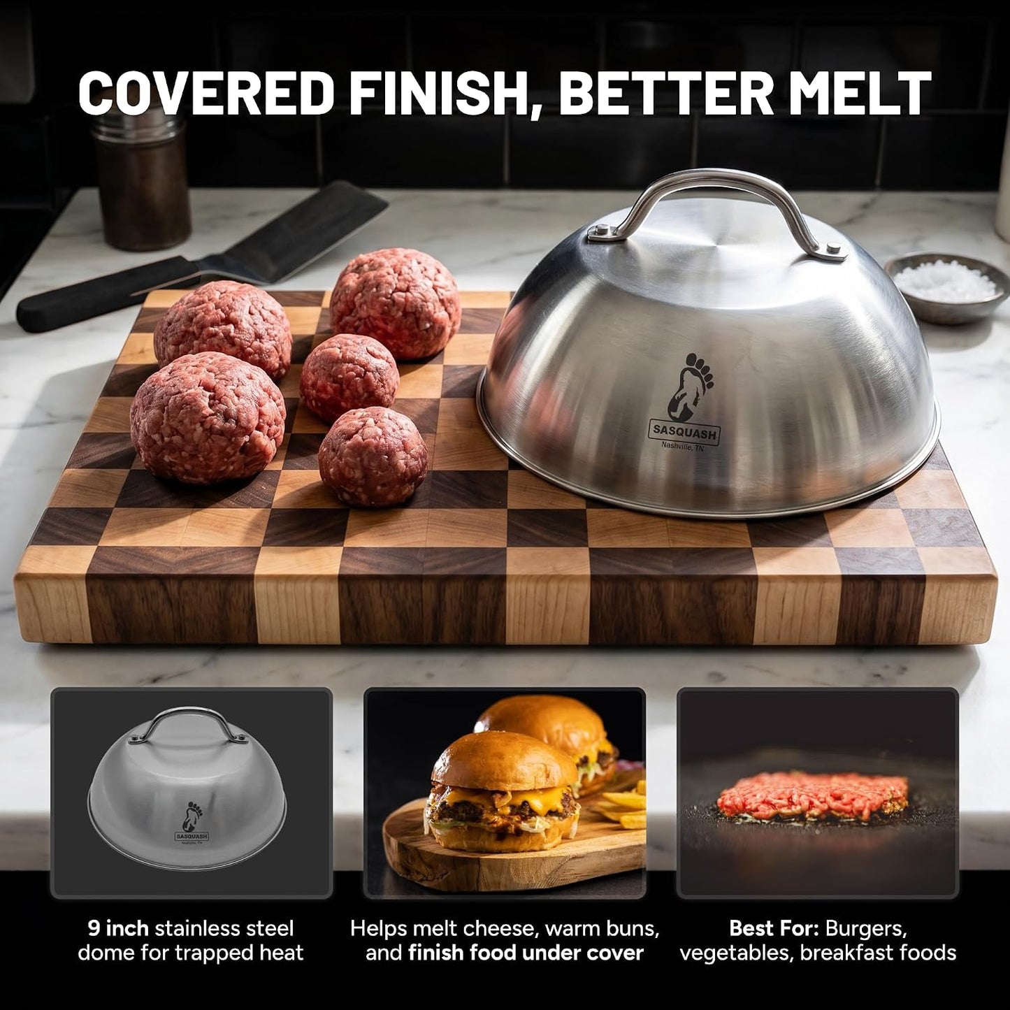 Sasquash Melting Dome For Griddle, 9 Inch Stainless Steel Cheese Melting Dome, Basting And Steaming Cover For Smash Burgers, Vegetables, Flat Top Grill Cooking, Grilling Accessories