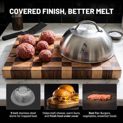 Sasquash Melting Dome For Griddle, 9 Inch Stainless Steel Cheese Melting Dome, Basting And Steaming Cover For Smash Burgers, Vegetables, Flat Top Grill Cooking, Grilling Accessories