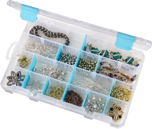 ArtBin 6944AG Medium Anti-Tarnish Box with 15 Removable Dividers, Jewelry & Craft Organizer, 1 Plastic Storage Case with Anti-Tarnish Technology, Clear with Aqua Accents 10.875” x 7.0” x 1.75”