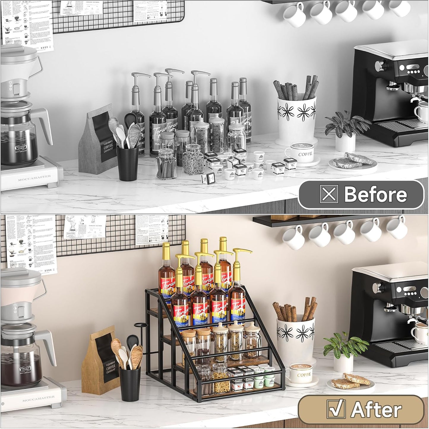 Coffee Syrup Rack Organizer, Spice Racks, Syrup Bottle Holder Stand for Coffee Bar, 3-Tier 12 Bottles Storage Shelves for Syrup, Wine, Dressing for Kitchen Countertop, Rustic Brown & Black