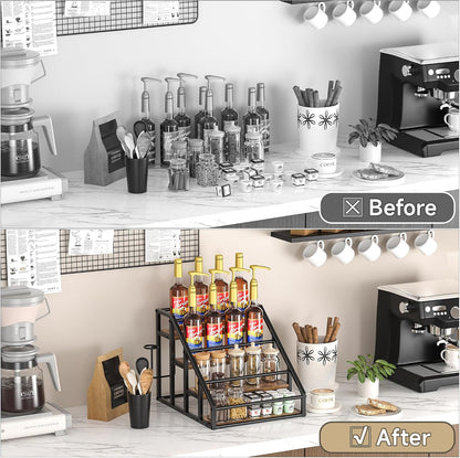 Coffee Syrup Rack Organizer, Spice Racks, Syrup Bottle Holder Stand for Coffee Bar, 3-Tier 12 Bottles Storage Shelves for Syrup, Wine, Dressing for Kitchen Countertop, Rustic Brown & Black