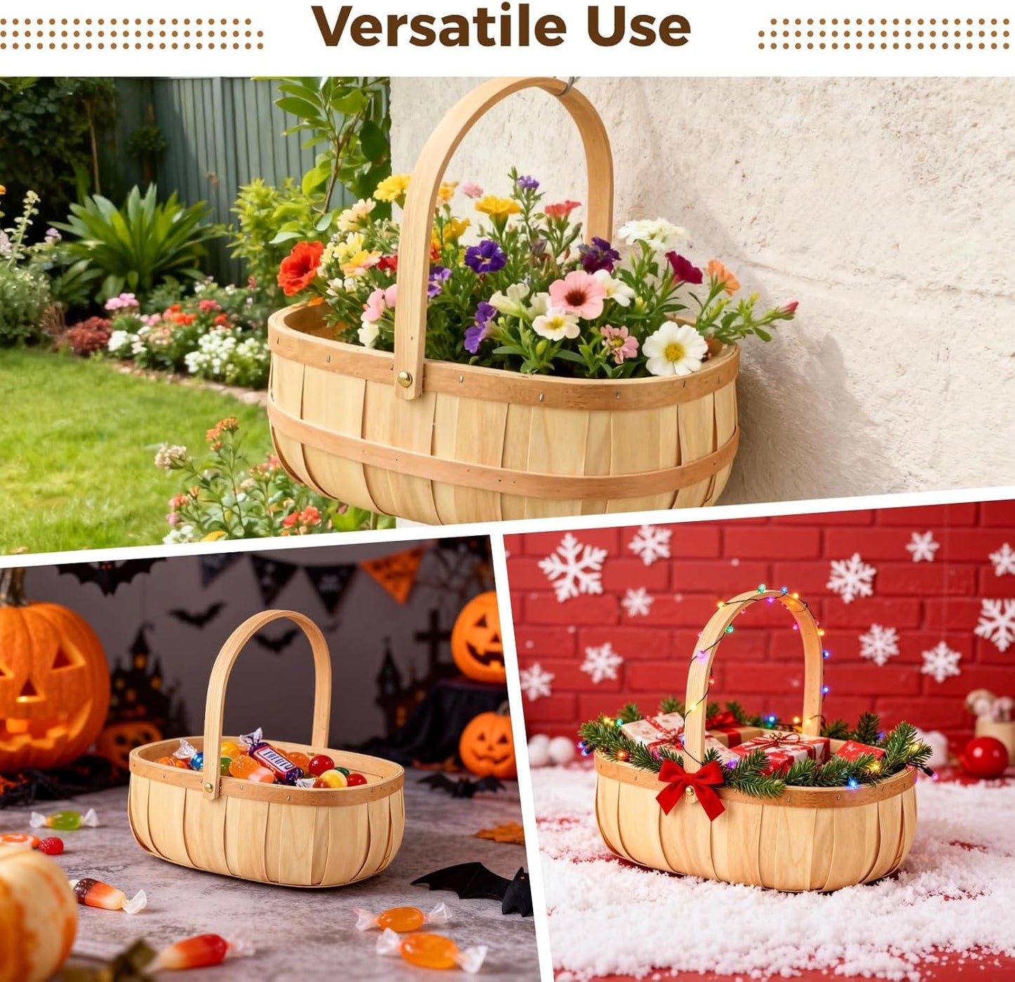 2 Pcs Handwoven Baskets, Sturdy Wooden Fruit Baskets with Comfortable Handles, Decorative & Storage Baskets, Rustic Bushel Baskets for Eggs, Vegetables, Picnic, Beige