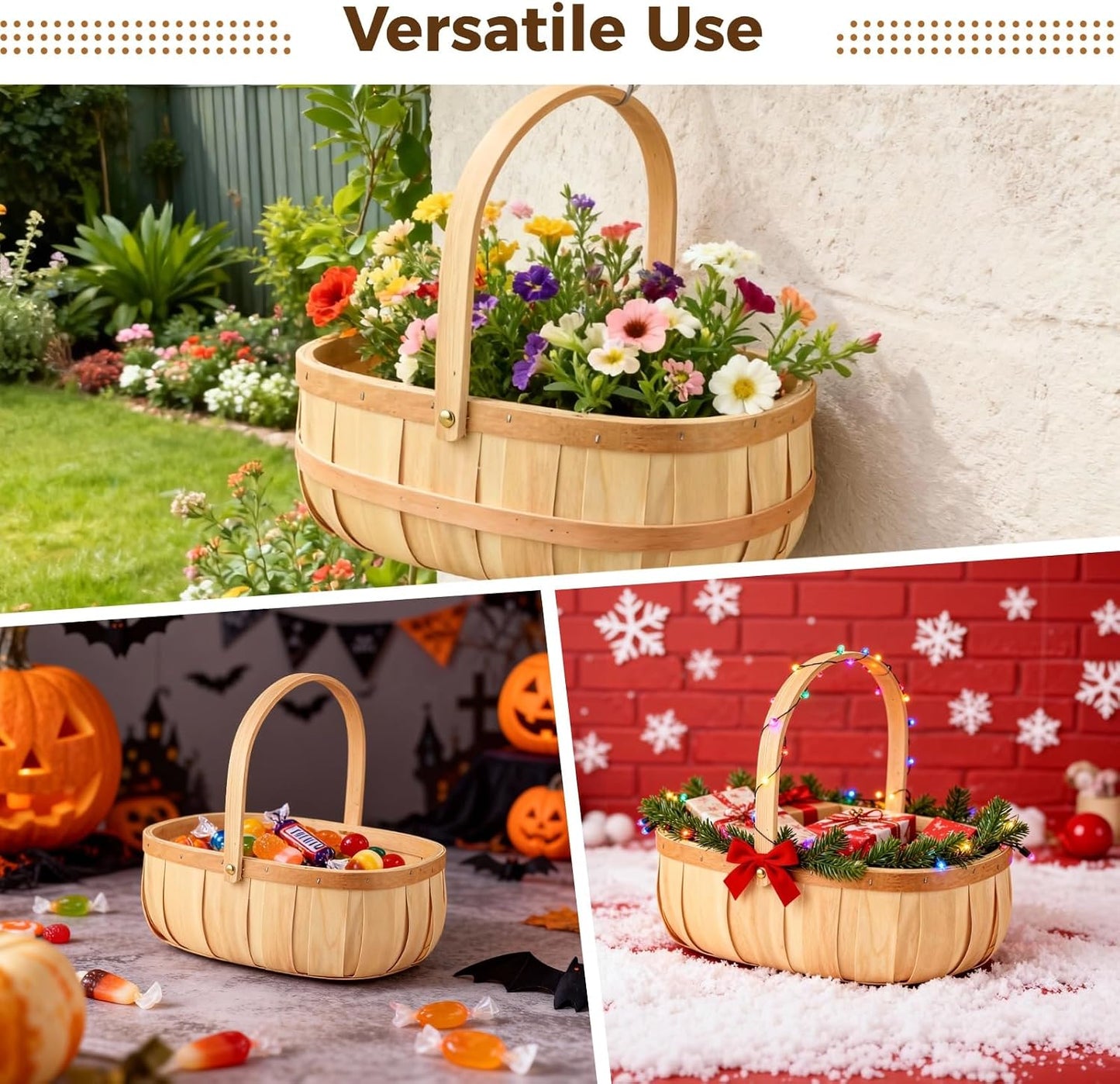 2 Pcs Handwoven Baskets, Sturdy Wooden Fruit Baskets with Comfortable Handles, Decorative & Storage Baskets, Rustic Bushel Baskets for Eggs, Vegetables, Picnic, Beige
