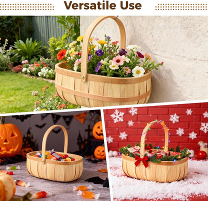 2 Pcs Handwoven Baskets, Sturdy Wooden Fruit Baskets with Comfortable Handles, Decorative & Storage Baskets, Rustic Bushel Baskets for Eggs, Vegetables, Picnic, Beige