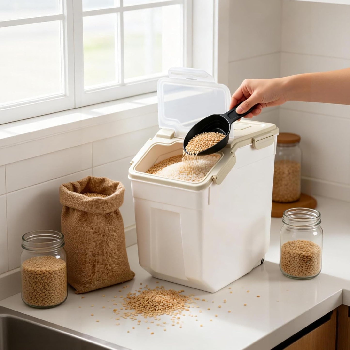Large Flour Storage Container Bin 25lb, 2Pack Airtight Rice Storage Containers with Wheels Seal Locking Lid, BPA Free with Measuring Cup&Scoop for Flour, Rice, Grain(Green)