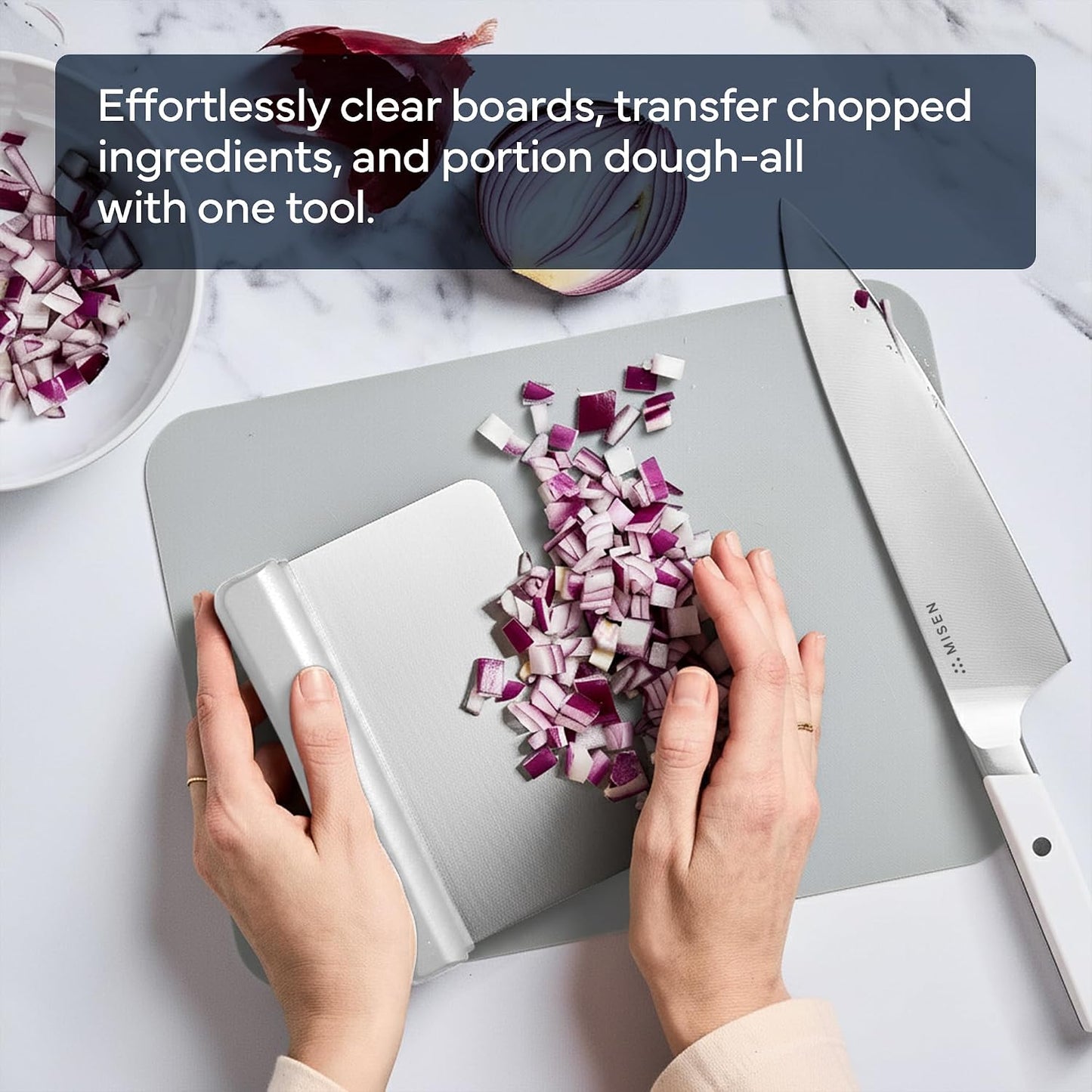 Misen Stainless Steel Bench Scraper - Versatile Food Scraper with Blue Handle - Ideal for Kitchen, Pastry & Dough - Durable Cutting Board Scraper Tool for Effortless Transfer into Pots & Pans - Blue