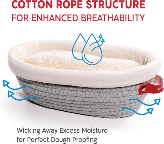 KneadAce Cotton Rope Banneton Bread Proofing Basket Set, Oval & Round Bread Baskets with Liners & Covers for Artisan Bread Baking, Sourdough Bread Baking Supplies