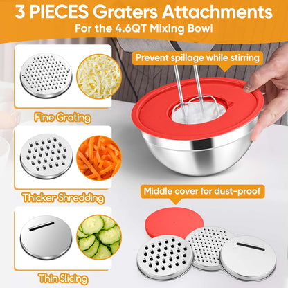 Herogo 5-Piece Mixing Bowls with Airtight Lids, 3 Grater Attachments, Stainless Steel Salad Serving Bowls for Kitchen, Size 4.6, 3.5, 2.5, 2, 1.5QT Ideal for Prepping & Cooking, Black