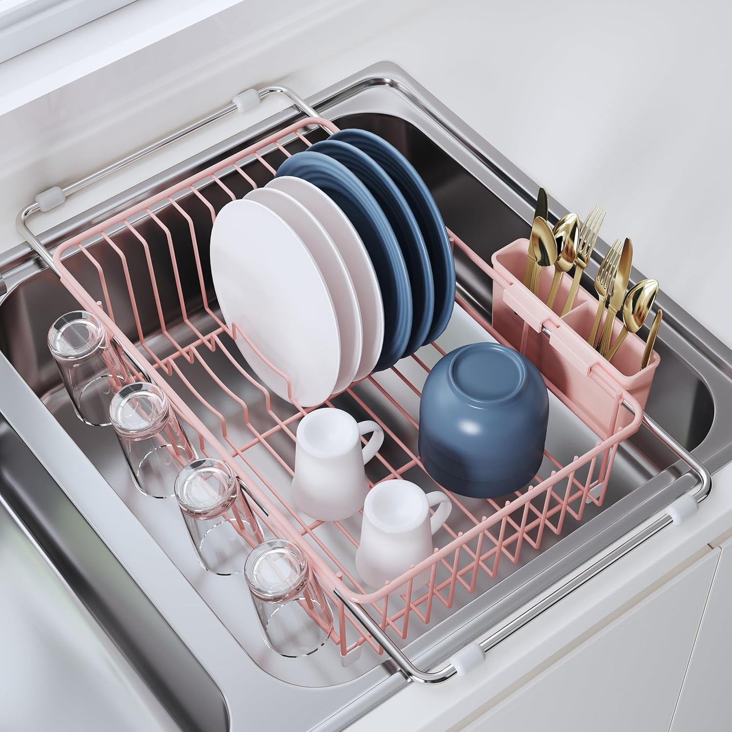 JASIWAY Dish Drying Rack in Sink, Expandable Stainless Steel Dish Drainers for Kitchen Counter, Dish Dryer Rack for Inside Sink, Over The Sink Dish Racks with Utensil Holder, Silver