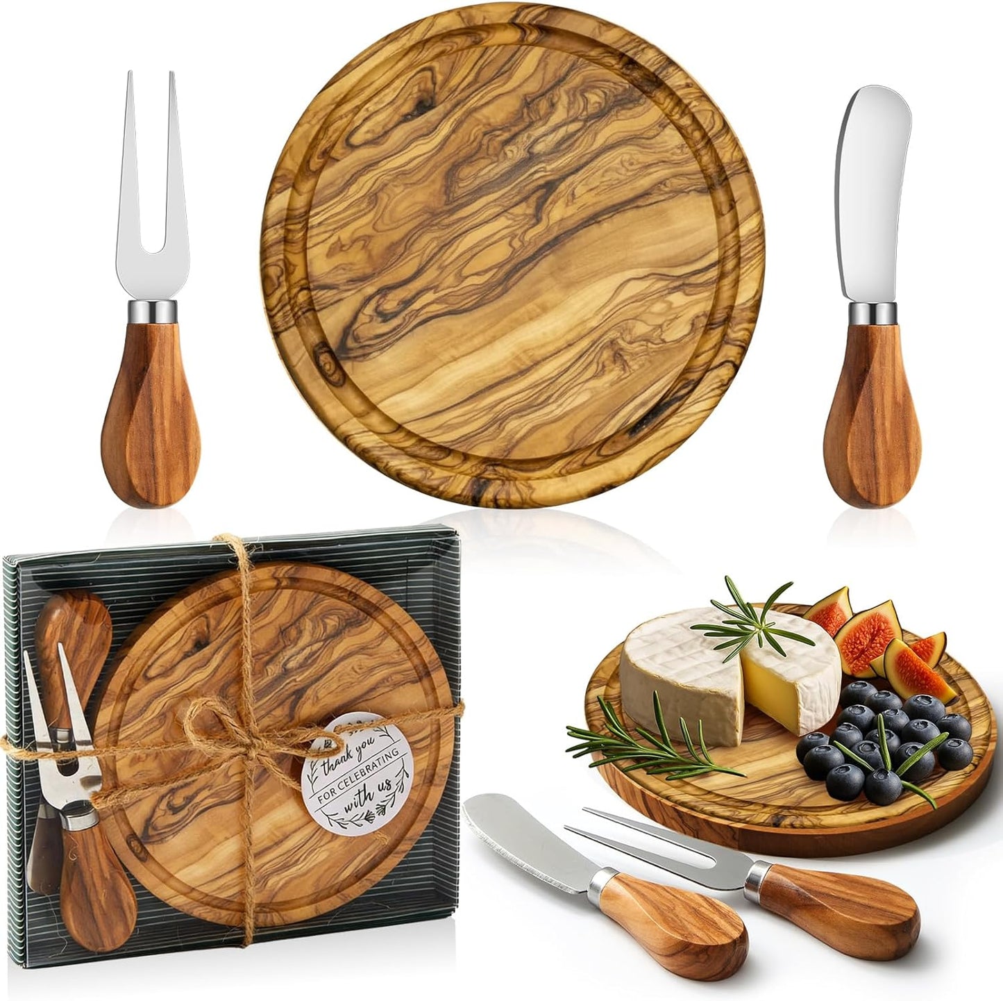 Maxcheck 6 Sets Baby Shower Bridal Game Prizes for Winners Round Cheese Board Set Wood Mini Charcuterie Board with Knives and Forks Thank You Card with Gift Box for Guests Wedding (Bamboo)