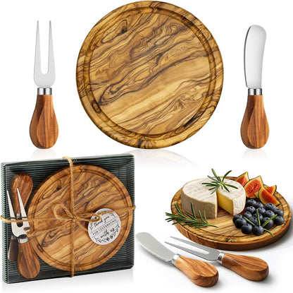 Maxcheck 6 Sets Baby Shower Bridal Game Prizes for Winners Round Cheese Board Set Wood Mini Charcuterie Board with Knives and Forks Thank You Card with Gift Box for Guests Wedding (Bamboo)