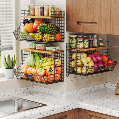 3 Pack Extra Large Fruit Basket for Kitchen with Wood Lid Nameplate - Counter&Wall Mounted Onion and Potato Storage Bin, Stackable Metal Hanging Wire Baskets,15.74 * 8.66 * 10.63 inch