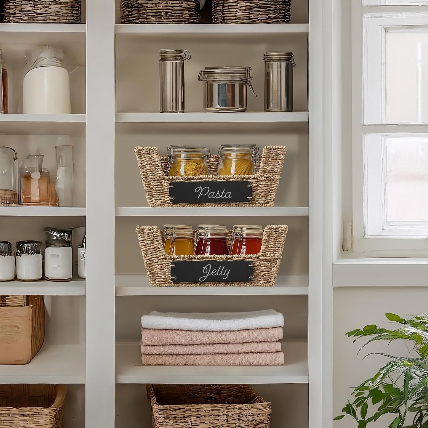 Casafield Set of 2 Water Hyacinth Pantry Baskets with Handles, Chalkboard Labels, and Marker - Espresso, Wide Woven Storage Bin Organizers for Kitchen Shelves