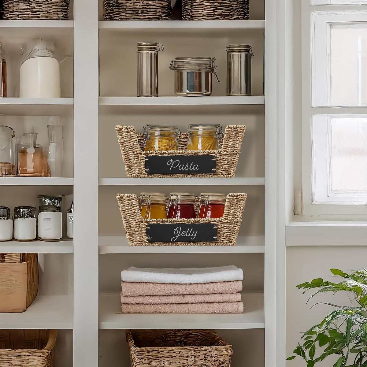 Casafield Set of 2 Water Hyacinth Pantry Baskets with Handles, Chalkboard Labels, and Marker - Espresso, Wide Woven Storage Bin Organizers for Kitchen Shelves