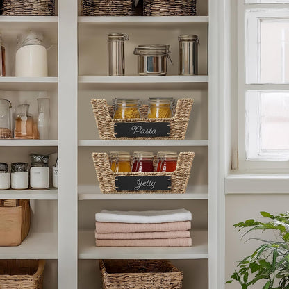 Casafield Set of 2 Water Hyacinth Pantry Baskets with Handles, Chalkboard Labels, and Marker - Espresso, Wide Woven Storage Bin Organizers for Kitchen Shelves