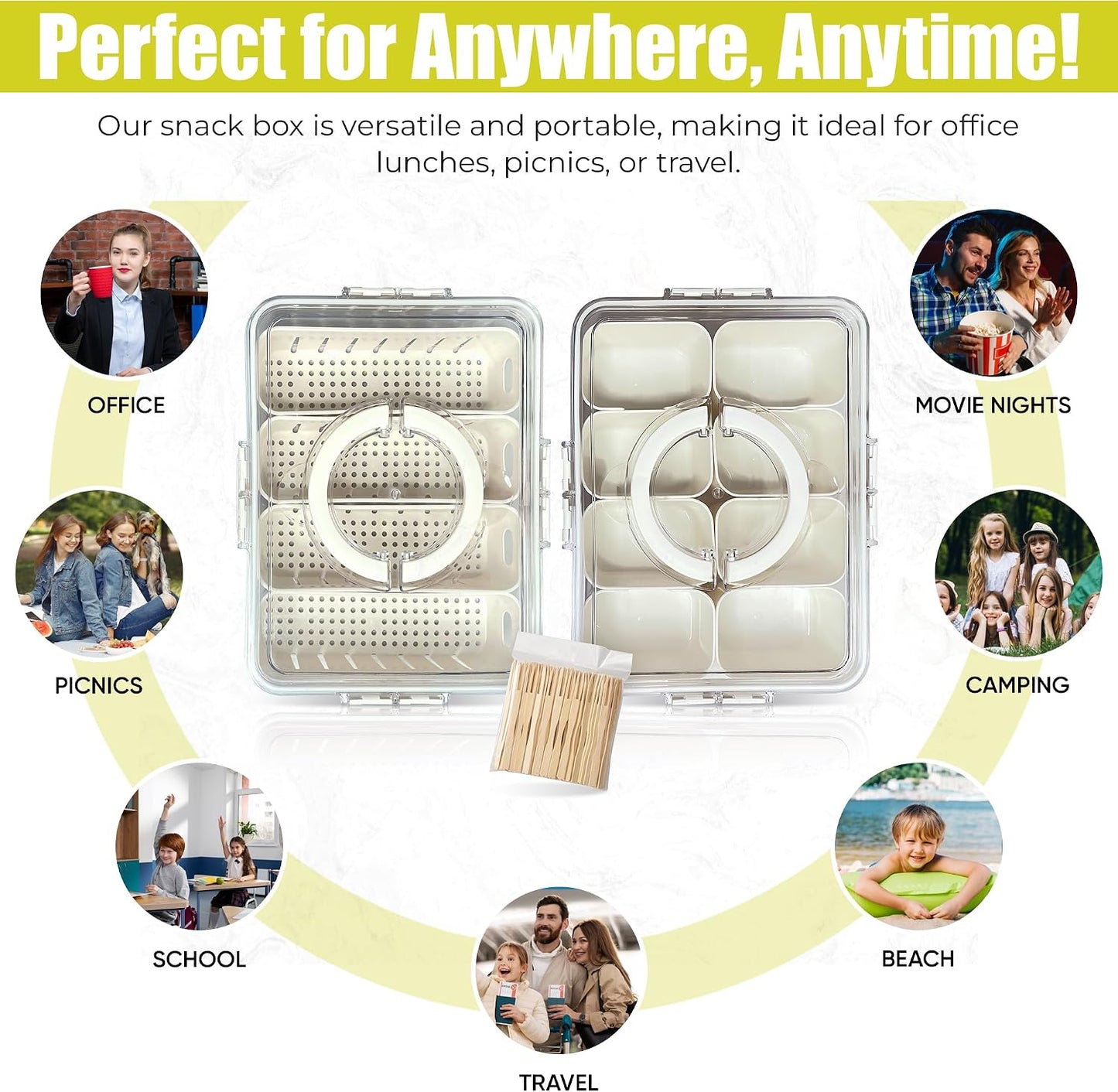 Divided Serving Tray with Lid & Handle| Multi-Purposed Snackle Box Bundle 8ct & 4ct Dividers 20pc Mini Forks| Snackle Box Container for Fruits Nuts Candy Charcuterie Platters Road Trips Picnics