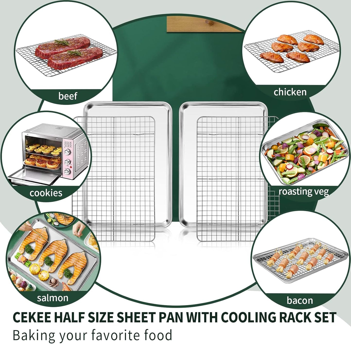 Jelly Roll Pan with Cooling Rack Set [2 Baking Pans + 2 Baking Racks], CEKEE Stainless Steel Baking Sheet Tray with Wire Rack Set, Commercial Quality, Rust Proof & Nonstick, Size 15.94 x 12 x 1 Inch
