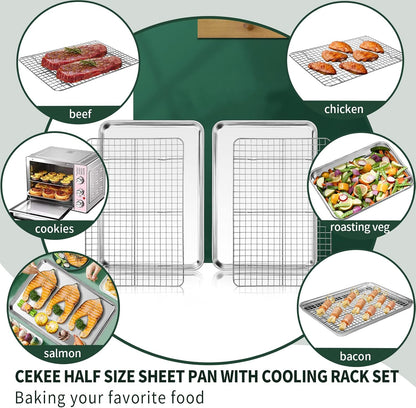 Jelly Roll Pan with Cooling Rack Set [2 Baking Pans + 2 Baking Racks], CEKEE Stainless Steel Baking Sheet Tray with Wire Rack Set, Commercial Quality, Rust Proof & Nonstick, Size 15.94 x 12 x 1 Inch