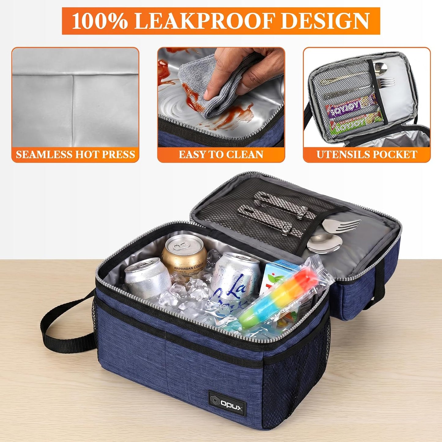 opux Insulated Lunch Bag for Men Women, Double Decker Leakproof Lunch Box Cooler Tote with Shoulder Strap, Large Lunchbox for Work School Travel Meal Prep, Adults Kids Boys Girls, Green, 16 Cans