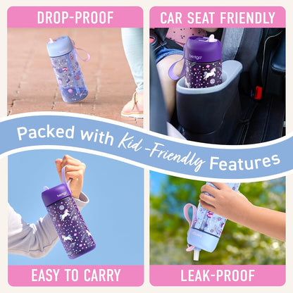 Bentgo Kids Water Bottle - Leak-Proof, Durable Tritan PFAS- & BPA-Free 15 fl oz, Kids/Toddlers Ages 3+ for School & Sports; Bite & Sip Spout, Carrying Handle, Dishwasher Safe (Unicorn)