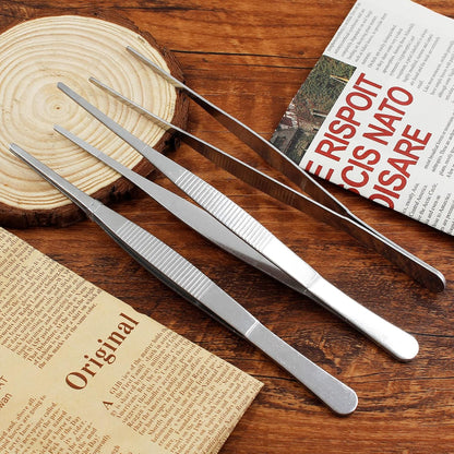 Bonsicoky 3Pcs Stainless Steel Tweezer Set (8" 10" 12") | Long Tweezers, Precision Serrated Straight Tips, Non-slip, For Cooking, Repairing, Medical, Garden