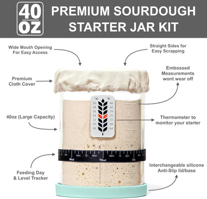 BALCI Premium Sourdough Starter Jar - 40oz Wide Mouth Kit (Blue)