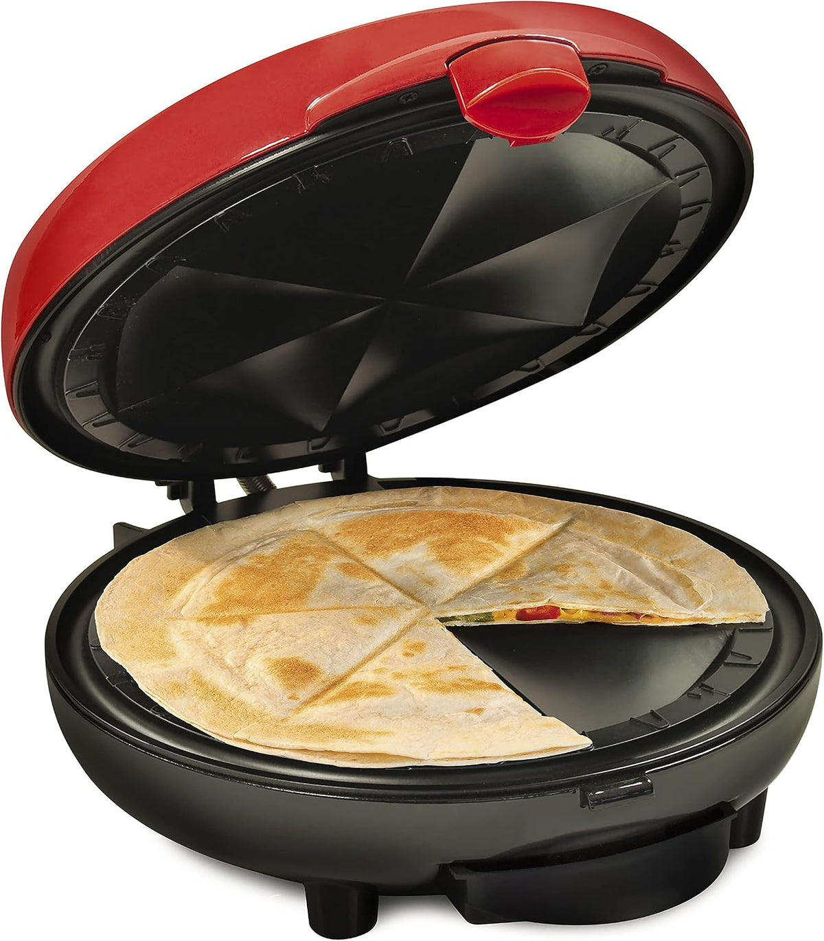 Taco Tuesday Deluxe 8-Inch 6-Wedge Electric Quesadilla Maker with Extra Stuffing Latch, Red