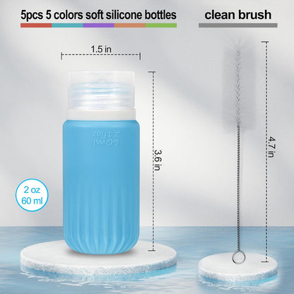 5Pcs Condiment Squeeze Bottles, 2 OZ Salad Dressing Container To Go, BPA-Free Dressing Bottle (with Cleaning Brush & Spice Labels), Leakproof Sauce Containers for Lunch Box, Travel Size Squeeze Bottle