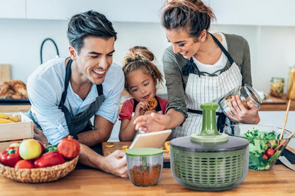 Brieftons Salad Spinner and Chopper Combo: Large 6.34-Quart Lettuce Greens Vegetable Washer Dryer with Bonus 0.95-Quart Push Veggie Chopper Mixer, Storage Lids, Collapsible, No Electricity, Easy Prep