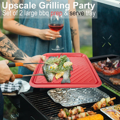 ECOIOU Grilling Prep and Serving Tray with Lid Set and Large Grilling Prep Trays, Black and Red