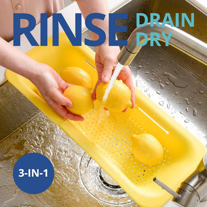 BLUE GINKGO Over the Sink Colander Strainer Basket - Wash Vegetables and Fruits, Drain Cooked Pasta and Dry Dishes - Extendable - New Home Kitchen Essentials (Grey, 1 Pack)