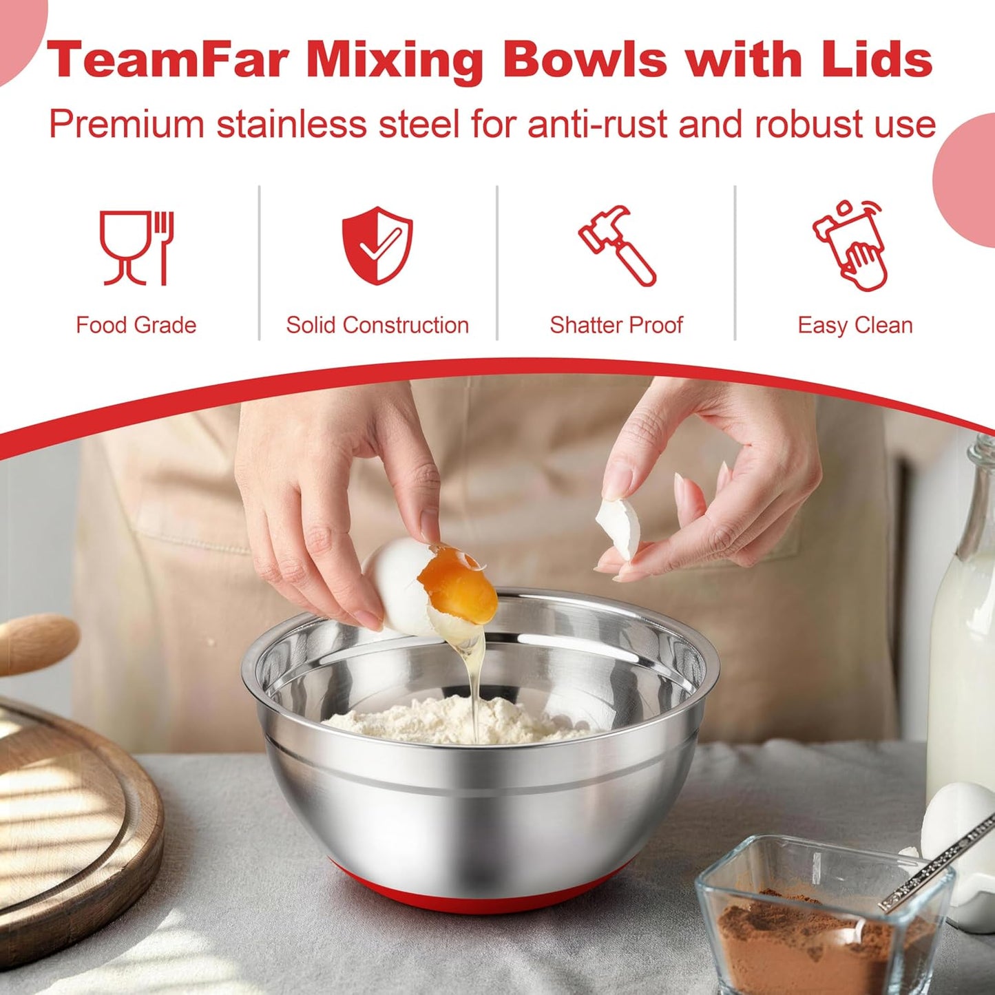 TeamFar Mixing Bowls, Stainless Steel Mixing Bowls with Lids, Nesting Salad Bowls with Air-tight Lids & Non-slip Bottom, Dishwasher Safe & Stackable, Set of 6-4.6/2.6/2 / 1.5/1 / 0.7 Qt