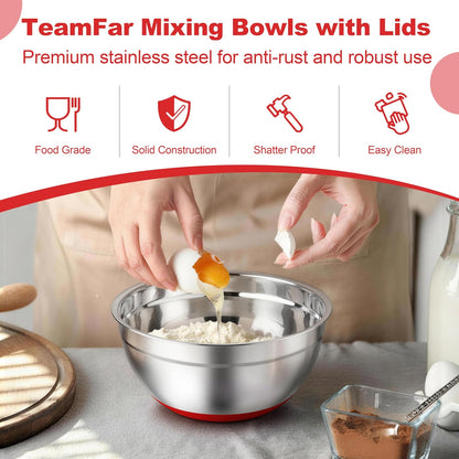 TeamFar Mixing Bowls, Stainless Steel Mixing Bowls with Lids, Nesting Salad Bowls with Air-tight Lids & Non-slip Bottom, Dishwasher Safe & Stackable, Set of 6-4.6/2.6/2 / 1.5/1 / 0.7 Qt