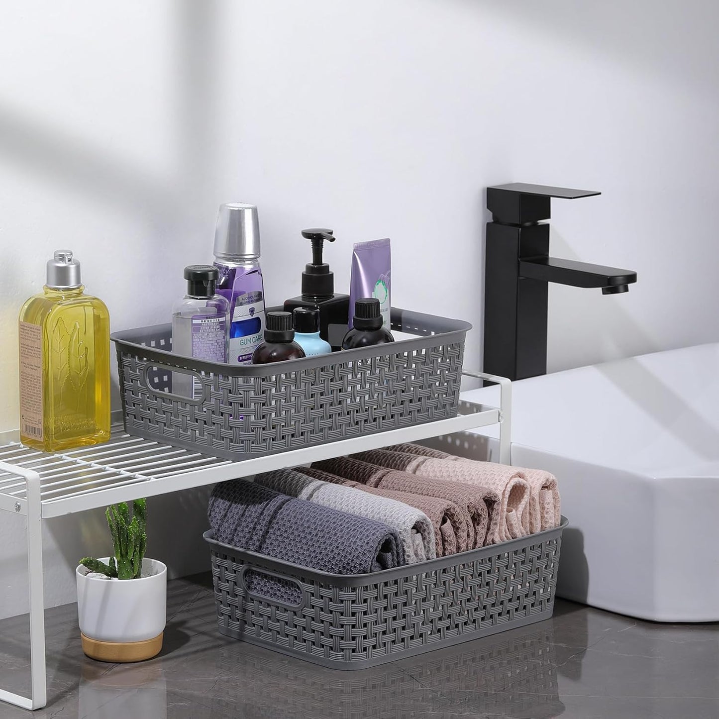[ 8 Pack ] Plastic Storage Baskets, Small Pantry Organization and Storage Bins, Household Organizers for Laundry Room, Bathrooms, Kitchens, Cabinets, Countertops, Under Sink or Shelves, Black