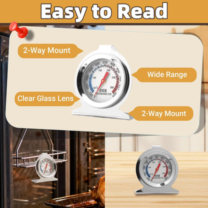 Oven Thermometers and Refrigerator Thermometer Set, Large Dial, Hook & Stand Design, Stainless Steel Oven Thermometer for Baking, Grilling, Air Fryers, Refrigerator Thermometer for Freezer Cooler