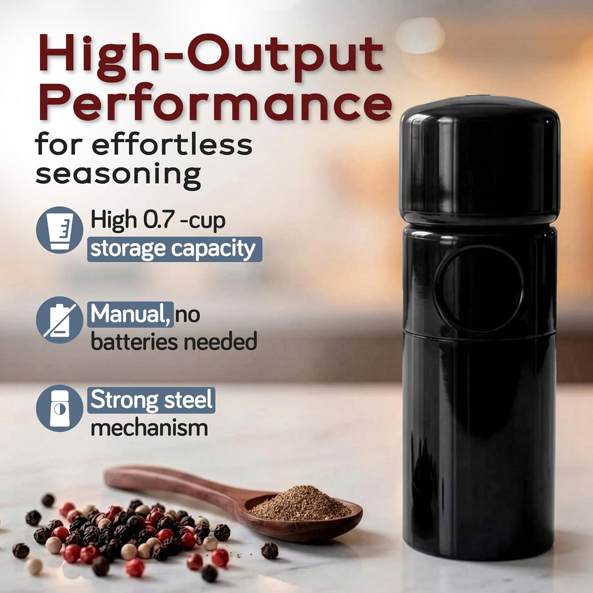 MAGNUM PEPPER GRINDER, Unicorn by TRE SPADE,Premium Manual Pepper Grinder with Steel Burrs, Adjustable Coarseness, High-Capacity Output, ABS Plastic, 6 Inch Small Size, Made in Italy