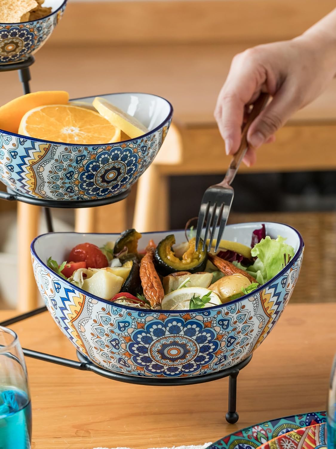 YHOSSEUN 3 Tier Serving Stand Oval Serving Bowl with Metal Rack, Tied Serving Bowls Food Display Dessert Appetizer, Chip and Dip Serving Bowl Set for Parties, Gold-45oz / 17.5oz / 7oz