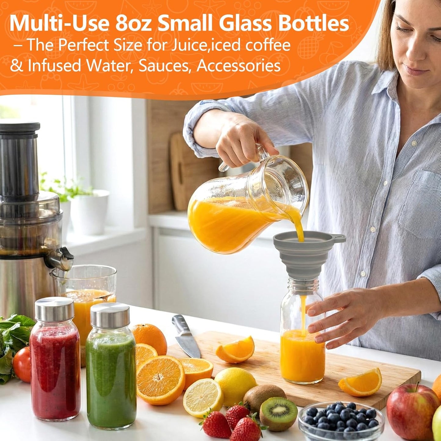 Clear Glass Bottles with Lids 18 oz, Reusable Glass Water Bottles with Stainless Steel Cap for Refrigerator, Juicing, 100% Leak Proof, BPA Free, Juice Bottle Drinking Jar Containers Set of 6