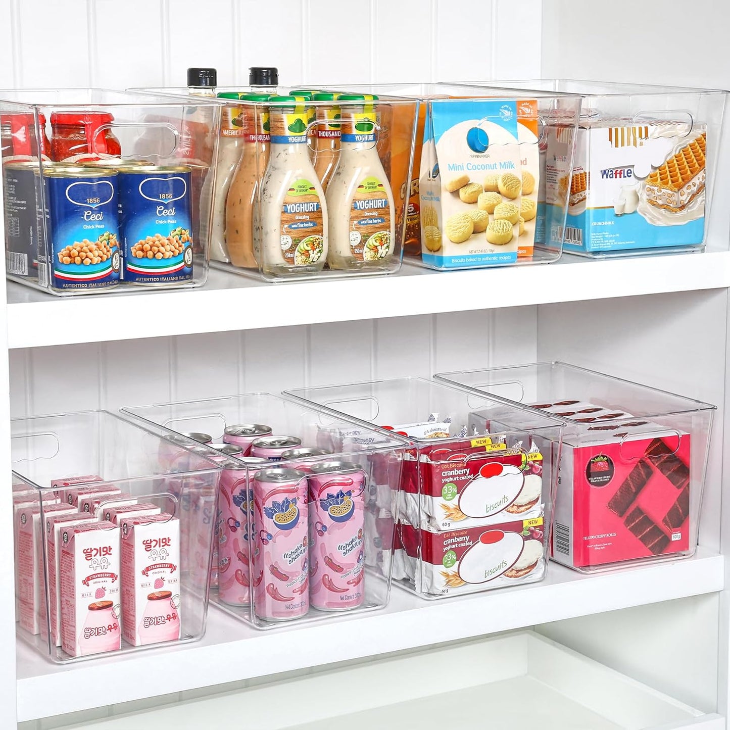 Vtopmart Clear Plastic Pantry Organizer Bins, 4 PCS Food Storage Bins with Handle for Refrigerator, Fridge, Cabinet, Kitchen, Countertops, Cupboard, Freezer Organization and Storage, BPA Free, Large