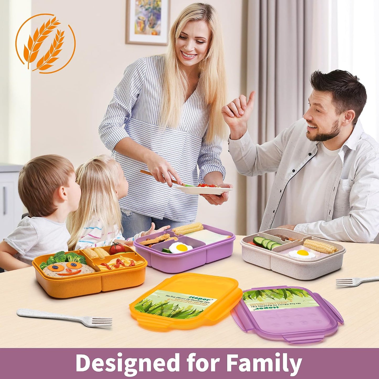 Itopor Classic Wheat Straw Bento Box, Leak-Proof 3-Compartment Lunch Box for Adults & Older Kids, BPA-Free Meal Prep Food Container with Fork, Microwave & Dishwasher Safe, 5.5 Cup, Sage Green