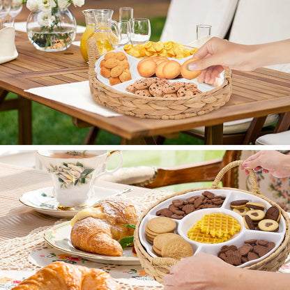 GENMOUS Chips and Dip Serving Tray, 13" Divided Serving Trays for Fruit Dips Candy, Water Hyacinth with 5 Sectional Melamine Appetizer Relish Trays for Party