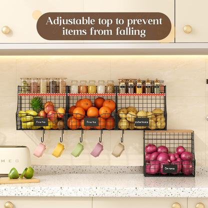 3 Pack Extra Large Fruit Basket for Kitchen with Wood Lid Nameplate - Counter&Wall Mounted Onion and Potato Storage Bin, Stackable Metal Hanging Wire Baskets,15.74 * 8.66 * 10.63 inch