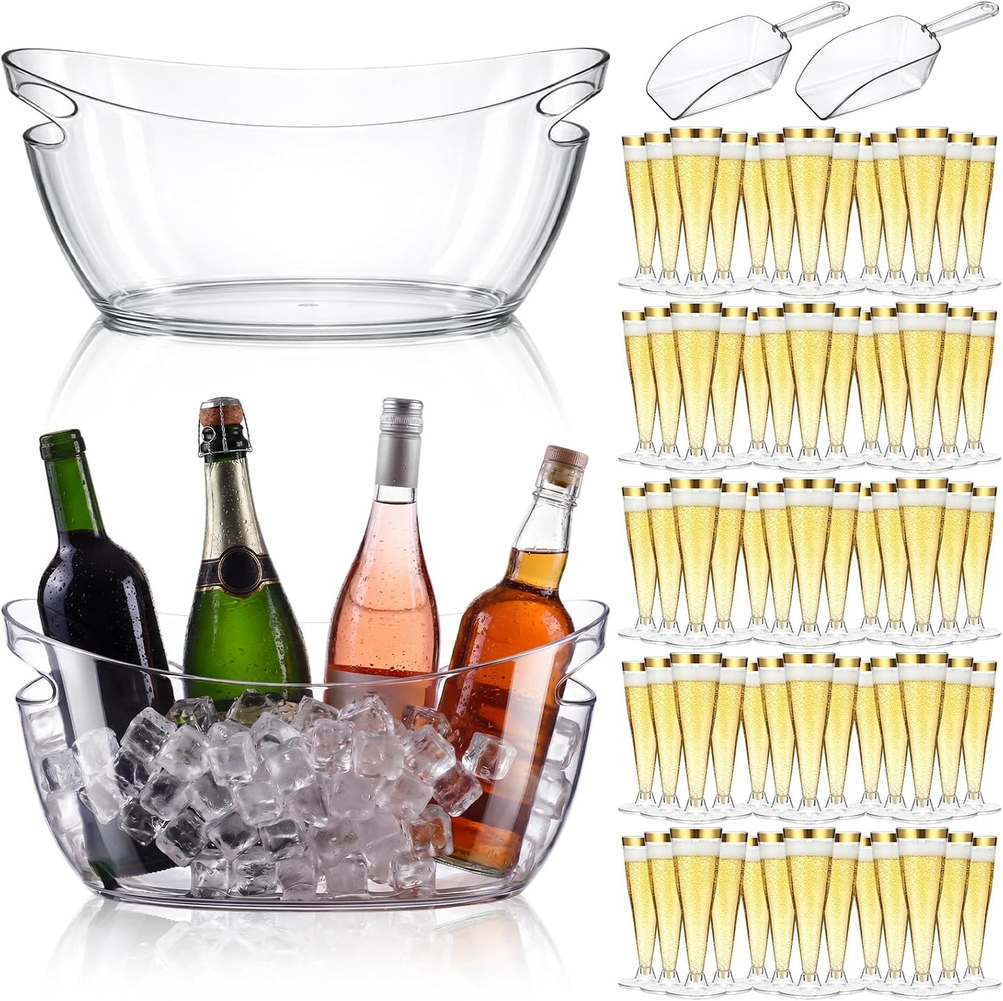 meekoo 104 Pcs Ice Buckets for Parties Set, 2 Pack 5.5l Clear Beverage Tub, 100 Pack 4.5oz Plastic Champagne Flutes, 2 Ice Scoops, Mimosa Bar Drink Supplies for Beer Wine Champagne Juice(Clear)