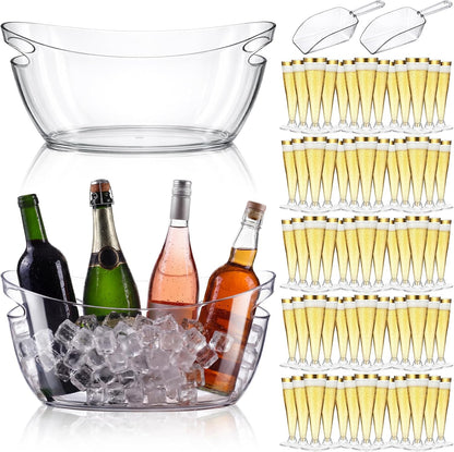 meekoo 104 Pcs Ice Buckets for Parties Set, 2 Pack 5.5l Clear Beverage Tub, 100 Pack 4.5oz Plastic Champagne Flutes, 2 Ice Scoops, Mimosa Bar Drink Supplies for Beer Wine Champagne Juice(Clear)
